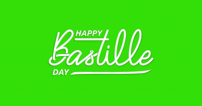 Happy bastille day text animation in white color on a green screen alpha channel. Great for a french holiday celebrate, advertising, social media, and festive frenchthemed designs.