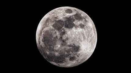 Fototapeta premium telescope. Detailed full moon with visible craters, isolated against a deep black background for a crisp celestial view. STEM education sheets.