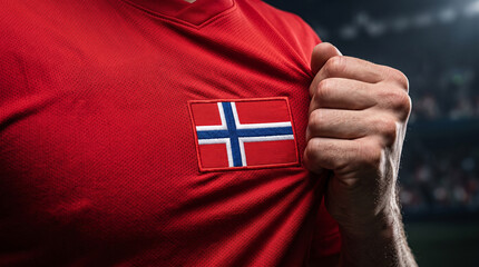 Fototapeta premium Man Wearing Norwegian Flag Sports Jersey