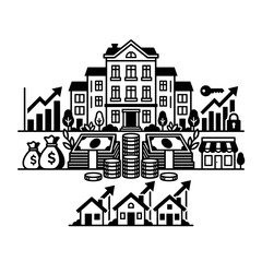 Fototapeta premium Apartment investment with cash stacks and financial growth charts.
