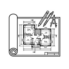 Obraz premium Architectural blueprint roll with pencils and drafting compass tool.