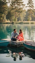 Fototapeta premium A romantic couple sitting on a wooden dock at a serene lake.