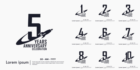 Set of 1-10th years anniversary celebration emblem with rocket up to target on white background. vector illustration template design for web, flyers, poster, greeting card © thitiwat