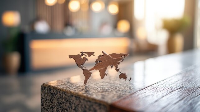 Travel insurance financial protection overseas adventure concept close up risk management selective focus vibrant Composite luxury hotel reception backdrop. 