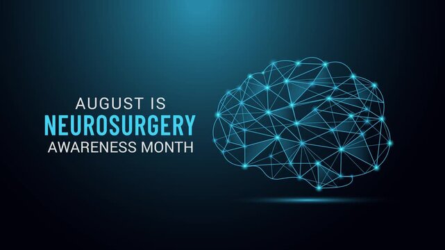Video animation on the theme of Neurosurgery Awareness Month is Observed annually in August with futuristic medical technology visuals, Wireframe brain animation. Motion graphic for awareness video.