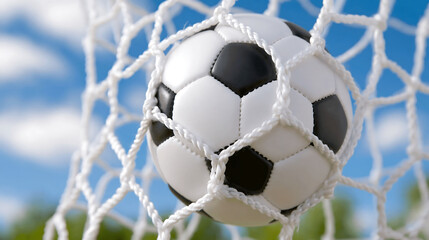 Fototapeta premium Soccer ball caught in white net against blue sky, dynamic goal celebration and motion excitement
