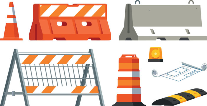 Road Construction Barrier Vector Set with Traffic Cones Concrete Jersey Barriers Orange Barricades Flashing Warning Lights Speed Humps and Blueprints