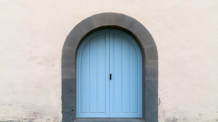 Fototapeta premium A serene light blue arched wooden door against a textured off-white wall, framed by a dark stone archway, evoking tranquility and rustic charm