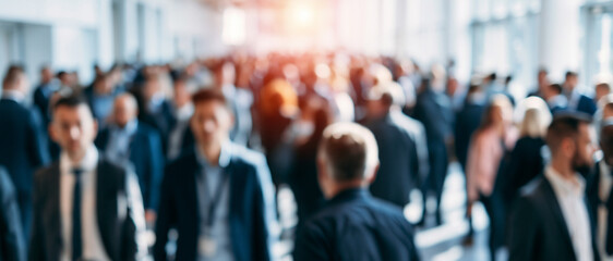 Fototapeta premium Unscharfe Menschenmenge von Geschäftsleuten in einer hellen Messehalle. Verschwommener Hintergrund für Business-Events, Networking, Konferenzen und Ausstellungen, Panorama.
