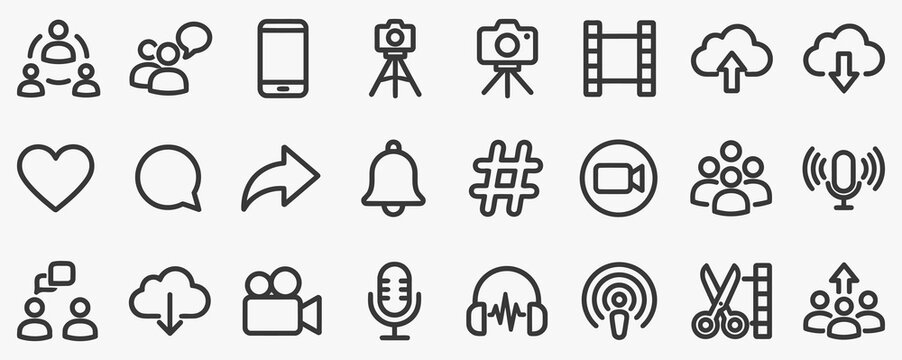 Social media, communication, and networking icons, 25 black line style symbols
