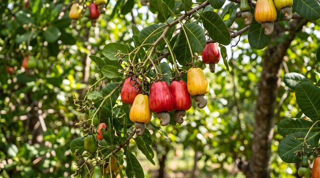 Ripe fruit hanging from a cashew tree branch