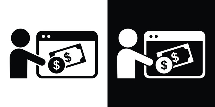 Vector icon showing a user interacting with cash bills and coins on a browser window, ideal for digital wallet and web payment concepts.