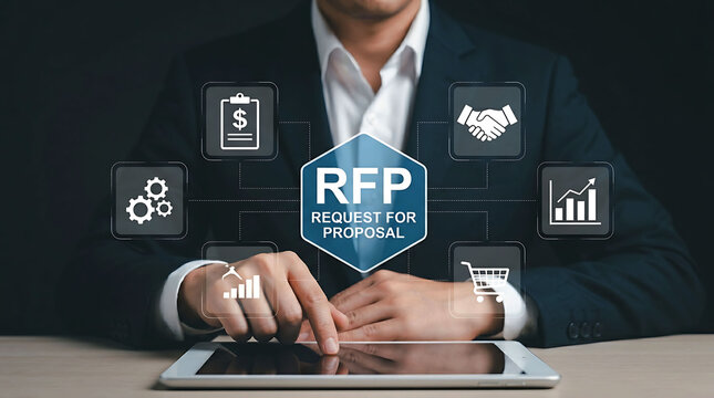 Businessman working on tablet with RFP request for proposal screen
