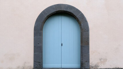 Fototapeta premium Minimalist Archway with a Pale Blue Wooden Door Set in a Light Beige Wall, Architectural Detail and Historical Charm