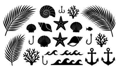Nautical Sea Life and Tropical Palm Leaves Solid Silhouette Vector Icon Set Featuring Anchors Starfish Seashells Coral Reef and Ocean Waves for Beach Designs © Hosneara