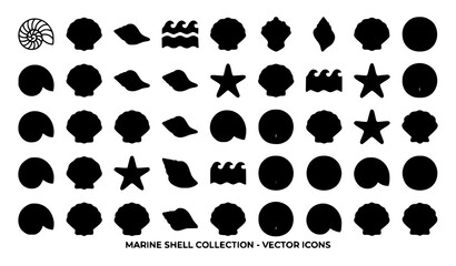 Marine Shell Collection Featuring Black Silhouette Icon Mega Set Pack of Ocean Seashells Starfish Ammonites and Sea Waves Vector Illustration © Hosneara