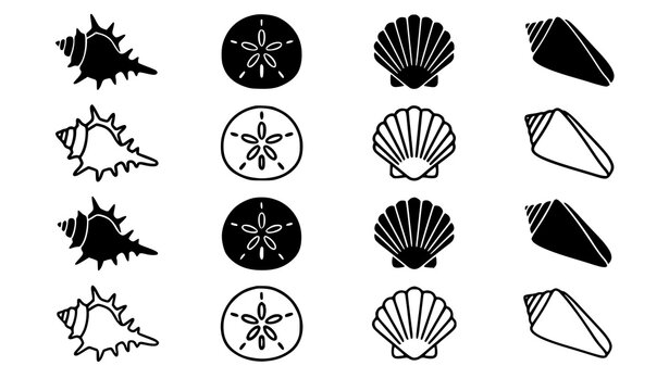 Seashell and Sand Dollar Line and Silhouette Vector Icon Set Featuring Scallop Conch and Cone Shell Marine Life Elements for Nautical Beach Graphic Designs