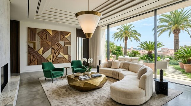Modern luxury living room overlooking tropical terrace with palm trees