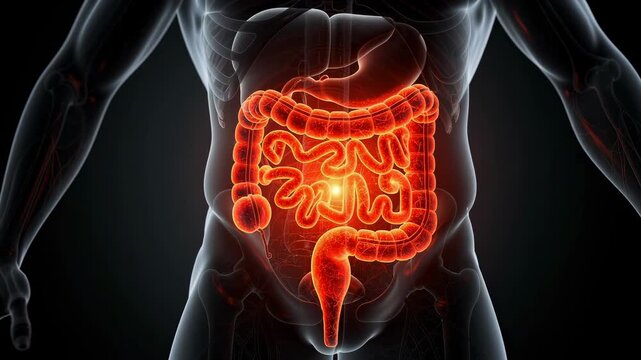Detailed 3D illustration of the human digestive system highlighting intestines and colon health anatomy