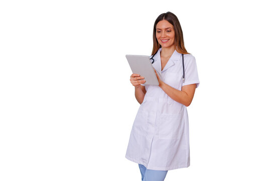 Female doctor using digital tablet for remote patient care during medical consultation, smiling healthcare professional looking at report