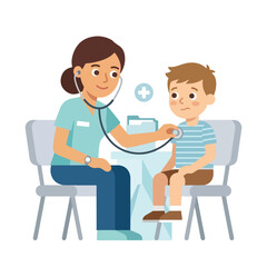 Fototapeta premium A professional female pediatrician examines a young boy with a stethoscope in a clinic, illustrating a routine medical checkup in a friendly environment.