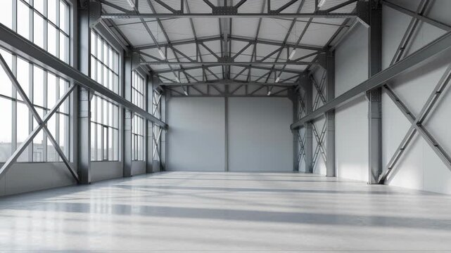 Spacious empty industrial warehouse with large windows and steel framework flooded with natural light