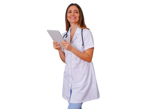 Female doctor smiling, holding digital tablet, presenting medical innovation, using technology in healthcare, transparent background