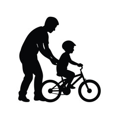 Obraz premium Father Teaching Child to Ride Bicycle Silhouette — Father's Day Black Vector Illustration Isolated on White Background