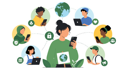 Fototapeta premium Central Woman Using Smartphone Among Diverse Group Illustration.