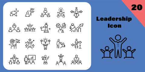 Naklejka premium Leadership and Teamwork Line Icon Set, Business Strategy, Goal Achievement and Success Editable Stroke Vector Icons