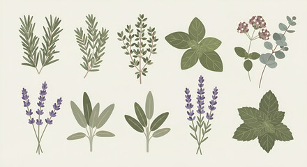 Fototapeta premium Hand Drawn Botanical Herb Collection Featuring Fresh Aromatic Culinary Herbs and Floral Elements for Natural Organic Kitchen Garden Designs