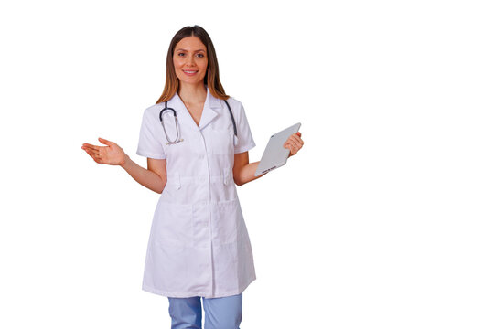 Woman doctor in a white coat and stethoscope holding a digital tablet, presenting health services and medical advice