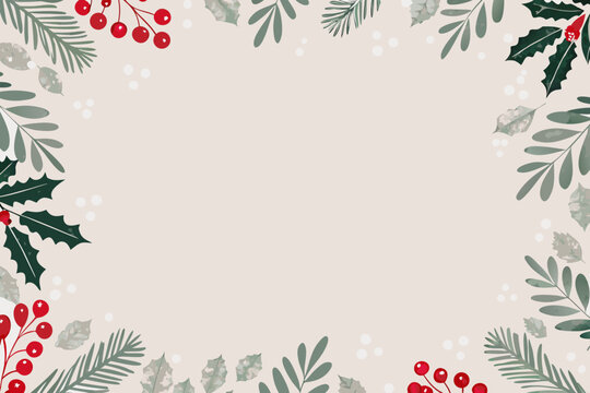 Holly And Berries Floral Ornament With Beige Background