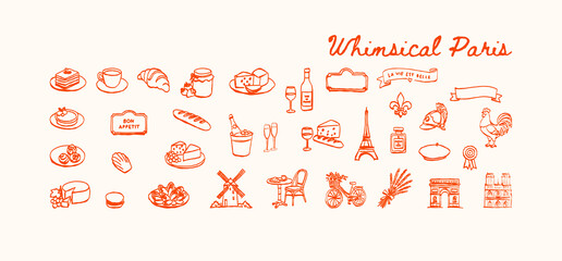 Whimsical Paris illustrated French icons and cuisine in hand draw line art style © Viktoriia