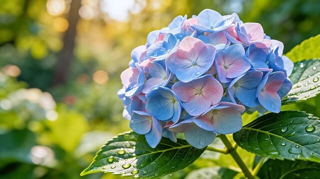 Blue and pink hydrangea flower with dew