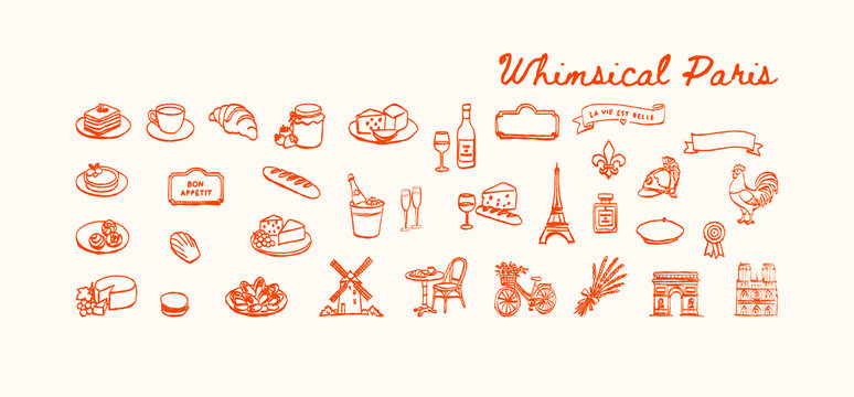 Whimsical Paris illustrated French icons and cuisine in hand draw line art style