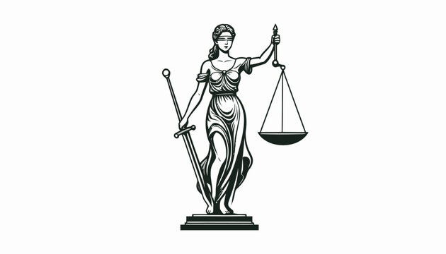 Silhouette style lady justice line drawing icon