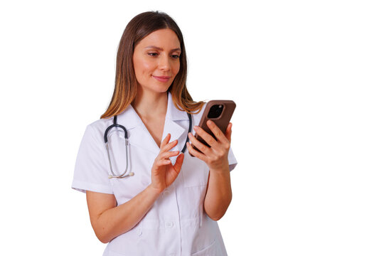 Woman doctor wearing a white coat and stethoscope, interacting with smartphone for online medical care on a transparent background