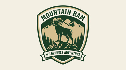 Fototapeta premium Mountain ram logo features an adventurous wilderness scene with a ram standing on a mountain peak.