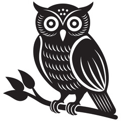 Fototapeta premium Black and white of a stylized owl perched on a branch, featuring bold lines and a minimalist aesthetic on a clean white background, for versatile use