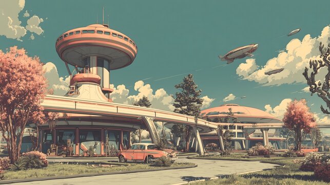 1950年代風レトロフューチャーな未来都市と丸い展望塔のイラスト