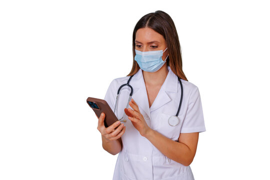 Doctor wearing face mask using smartphone for telemedicine and health app, transparent background