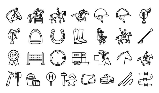Equestrian Sport Line Icon Set Black and White Vector