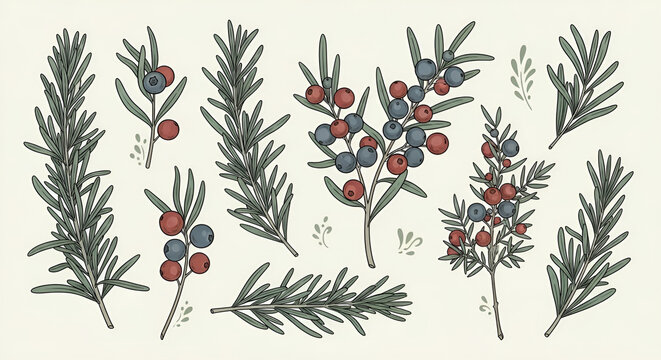 Botanical illustration of fresh rosemary sprigs and red and blue juniper berries set on a clean background for vintage nature design
