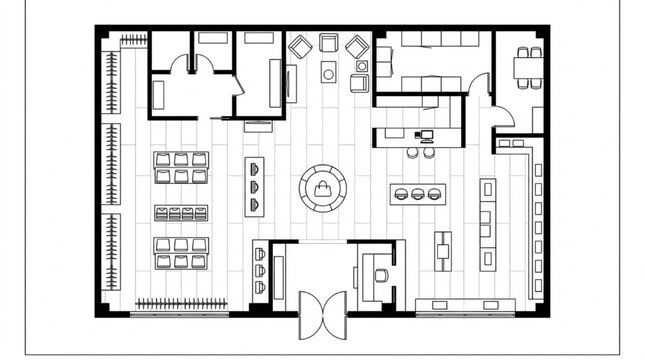 Retail fashion boutique floor plan CAD layout with clothing racks fitting rooms and checkout
