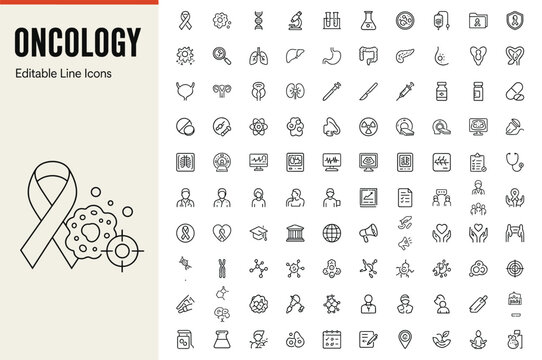 Oncology set of 100 line icons for cancer treatment and medicine
