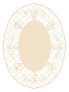 Whimsical lace oval frame with floral, bows. Vintage lace doily with mesh texture for baby shower invitations or wedding cards. Elegant crochet embroidery handkerchief with scalloped borders