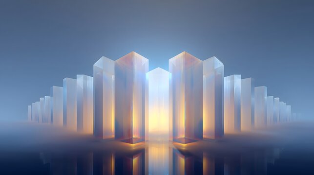 霧の中に光るプリズム建築と幻想的な反射の抽象背景
