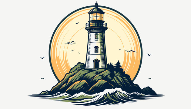 Vintage lighthouse on rocky island with ocean waves.