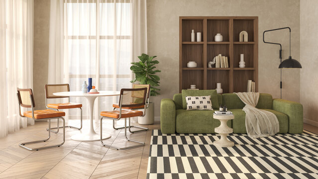 Mid century style conceptual dopamine interior room